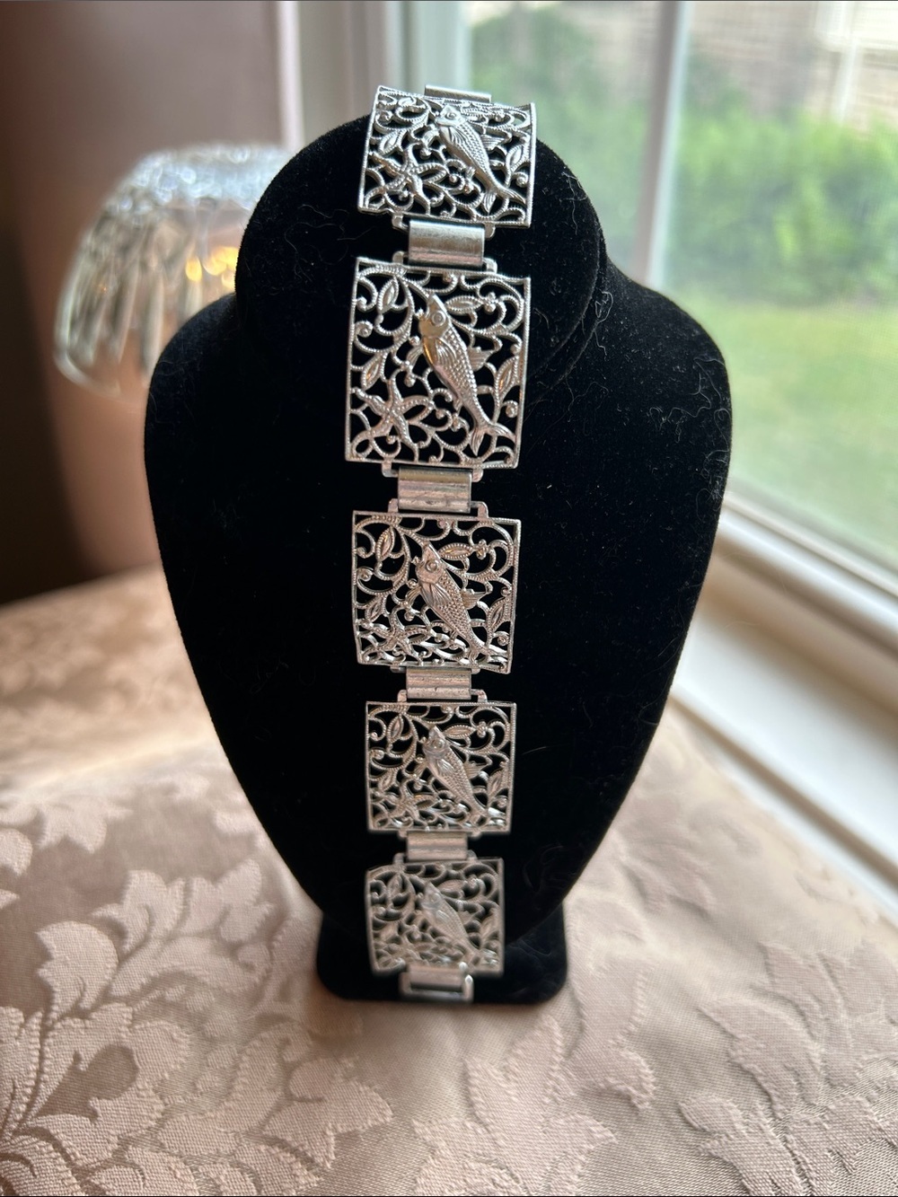 German Vintage Panel Filigree Fish Link Bracelet - Silver 7”